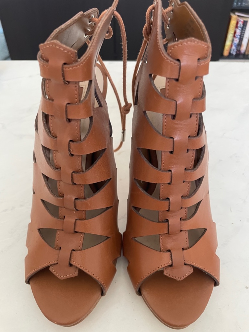 Women's Tan Lace-Up Cutout Heeled Sandals